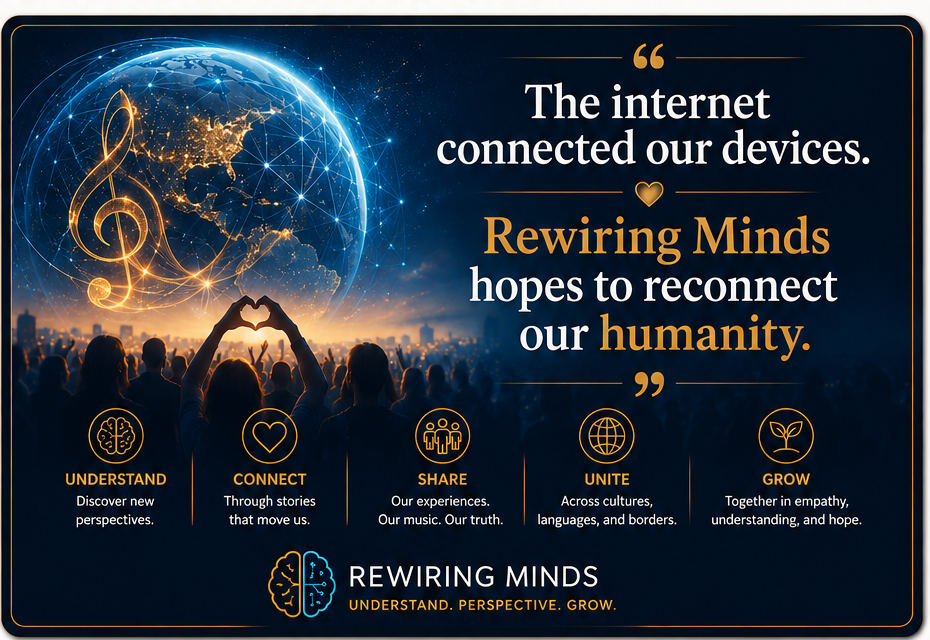 Rewiring Minds visual card: The internet connected our devices. Rewiring Minds hopes to reconnect our humanity.